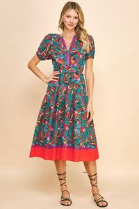 Tropical Midi Dress with Short Puffed Sleeves